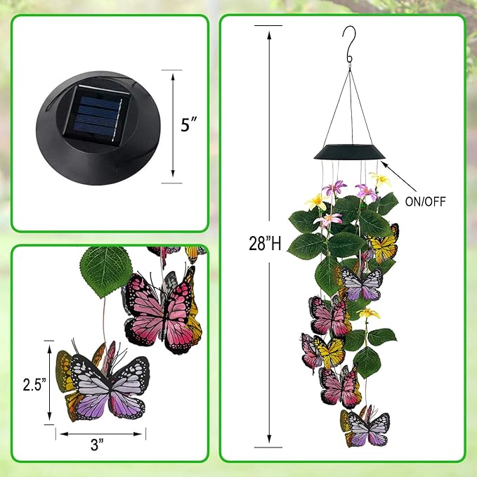 Solar Wind Chimes Outdoor,Colorful Butterfly with Color Changing LED Dangler Mobiles for Outside,Hanging Decoraition for Patio,Porch,Yard,Gifts for Women