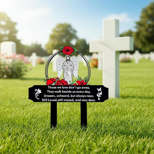 Memorial Grave Stake with Jesus and Roses - Metal Sympathy Grave Marker, Waterproof Outdoor Cemetery Garden Decoration(Jesus)