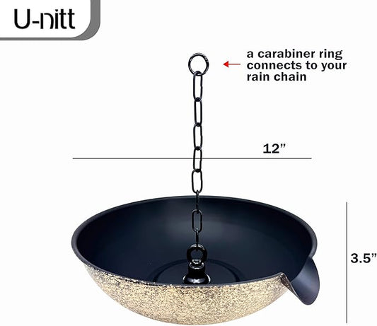 U-nitt 12" Spill Bowl Downspout Catch Basin for Rain Chain Anchoring & Stake | Rainwater Collection for Roof |Gutter Catch Basin | Good for Water Fountain & Birdbath | Black | Handles Heavy Rain