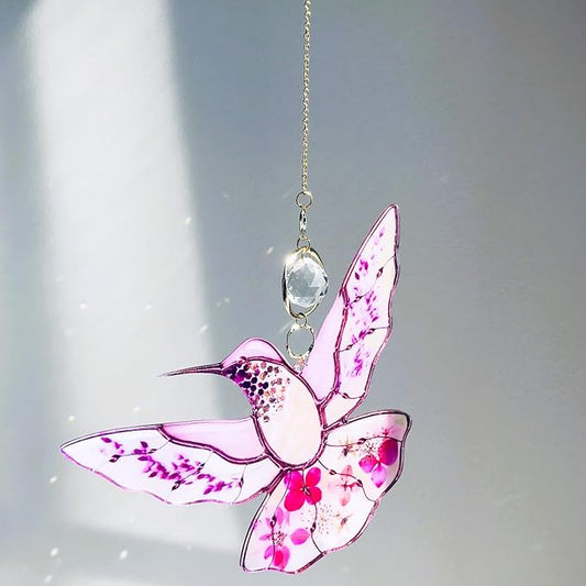 Pink Acrylic Hummingbird Flowers Garden Suncatcher Window Hanging Crystal Prism Rainbow Maker Sun Catcher Ornaments Birthday Christmas Thanksgiving Gifts for Mom Grandma Sister Birds Lovers