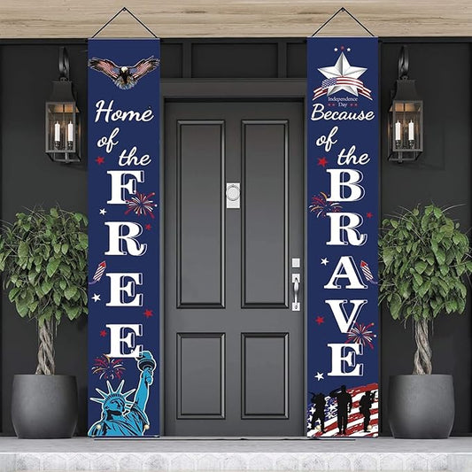4th of July Patriotic Banner Decor - Independence Day Porch Sign - Memorial Day Hanging Banners Porch Decorations for Front Door Outside Yard Garden Party Supplies