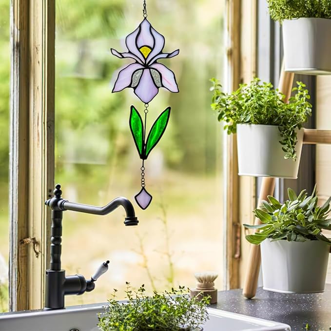 Handmade Iris Flower Stained Glass Suncatcher - Colorful Window Hanging Decor for Home/Office/Church/Wedding - Unique Birthday Gift for Women, Mother's Day, for Mom Grandma