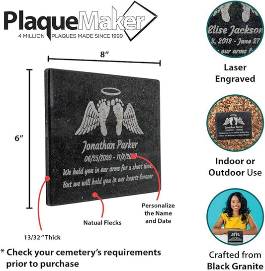 PlaqueMaker Black Granite Memorial Headstone Or Garden Memorial for Lost Infant or Child - Include You Personalized Text. Can be Used as a Sympathy Gift, Garden Stone or Grave Maker (6 x 8 x 0.4)