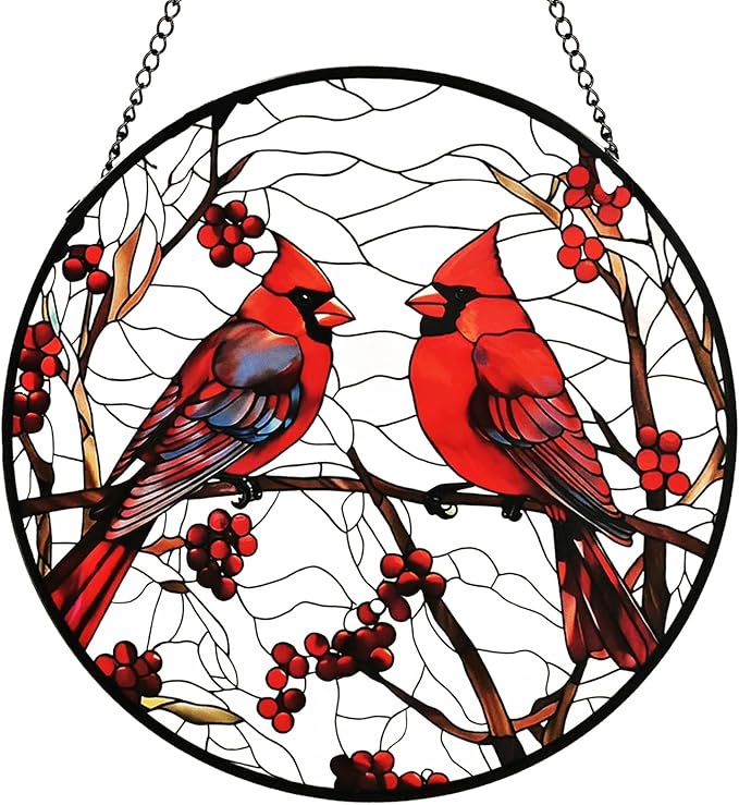 Red Cardinal Memorial Suncatcher – Stained Glass Window Hanging with Bird on Branch, Sympathy Hope Comfort Gift for Mom Grandma Women Bird Lover, Garden Patio Kitchen Decor, 8 Inch