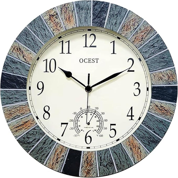 OCEST 13 Inch Large Outdoor Indoor Clock, Waterproof Wall Clock with Thermometer, Weather-Resistant Non-Ticking Battery Operated Decor for Patio, Pool, Lanai, Fence, Porch, Garden(Brown)