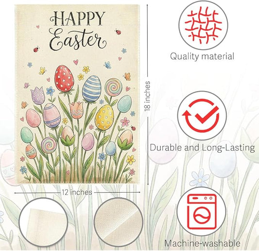 Happy Easter Flower Garden Flag Boho Easter Eggs Garden Flag Decor Spring Double Sided House Flag for Outside Yard Decorations 12×18 Inch