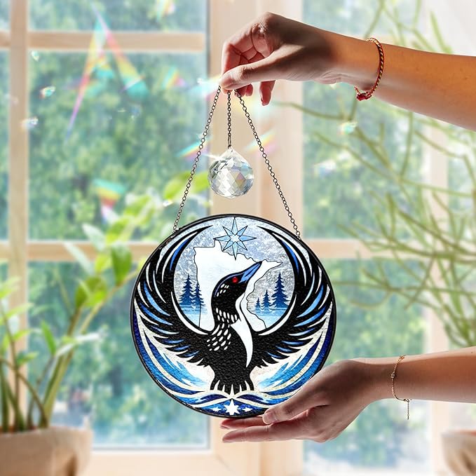 Common Rebel Loon Stained Glass Suncatcher, Custom Loon Bird Stained Glass Suncatcher Indoor Window with Crystal, Black Birds Sun Catcher Decor Window Hanging, Bird Lover Gifts for Women, Grandma, Mom