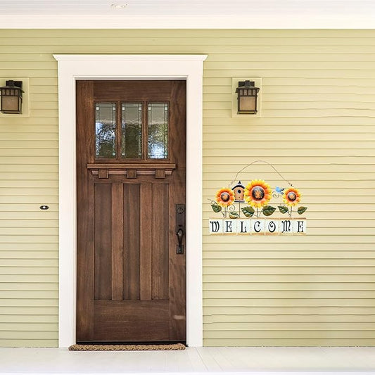 Sunflower Welcome Sign Metal Hanging Welcome Plaque for Wall Front Door - Decorative Flower Yard Signs Spring Wreath Decor for Garden Porch Patio Backyard (D)