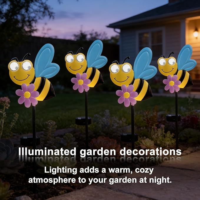 Rngmsi Garden Solar Lights Dynamic Eyes, Bee Solar Garden Lights Stake Outdoor Decorations, LED Lighting Bee Decor Gifts for Patio Yard Pathway Lawn Ornaments