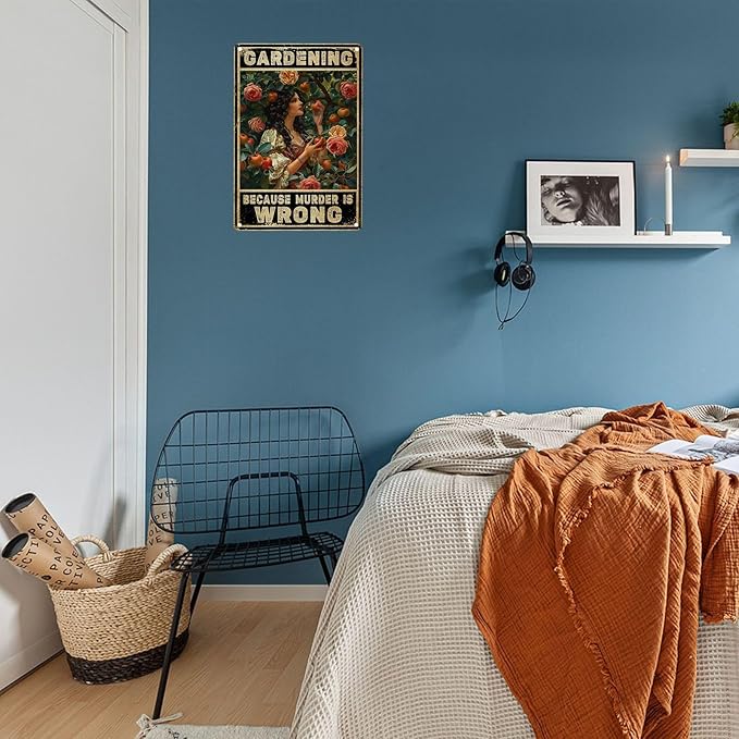 snowsun Vintage Metal Signs Girl Garden Because Muder Is Wrong Funny Tin Sign Wall Decor for Living Room Bedroom Garden Yard Bar Cafe 8×12 Inches