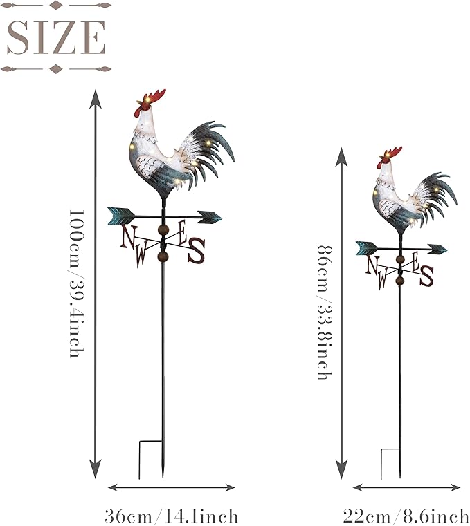 TERESA'S COLLECTIONS Garden Decor with Solar Outdoor Lights, White Rooster Yard Art Sign for Outside, 34'' Metal Weathervane Decorative Garden Stake for Outdoor Decor, Lawn, Gifts for Mom
