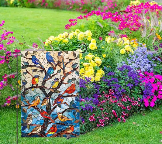 Stained Glass Spring Birds Garden Flag 12x18 Inch Double Sided Welcome Flag Burlap Small Outdoor Flag for Seasonal Farmhouse Yard Outdoor Decor