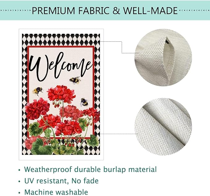 Baccessor Spring Summer Geranium Welcome Garden Flag Double Sided Summer Bee Red Floral Buffalo Plaid Small Burlap Yard Flag House Seasonal Farmhouse Outside Outdoor Decoration 12.5 x 18 Inch