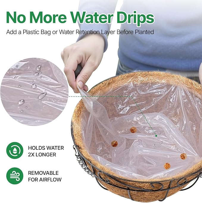 Amagabeli 4 Pack 14 Inch Metal Hanging Baskets Planter Outdoor Round Wire Hanging Basket for Plants with Coco Fiber Liners Chain Plant Holder for Garden Patio Deck Porch Plants Vegetables Flower Pots