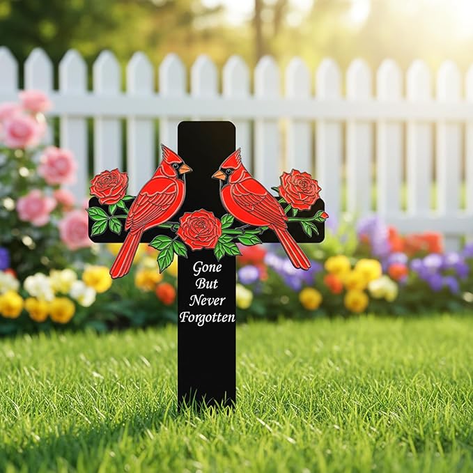 Red Cardinal Memorial Cross Stake - Metal Grave Decorations for Cemetery - Sturdy Thickened Black Cross with 3 Red Roses, Religious Sympathy Gift for Loss of Loved One(Red Cardinal)