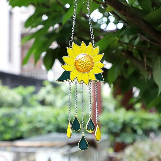 Sunflower Wind Chimes Ornaments, Stained Glass Dripping Sunflower Pendant Window Hanging Panel Decoration with Chain, Flower Wind Chimes Art Decorations for Garden Patio Decor