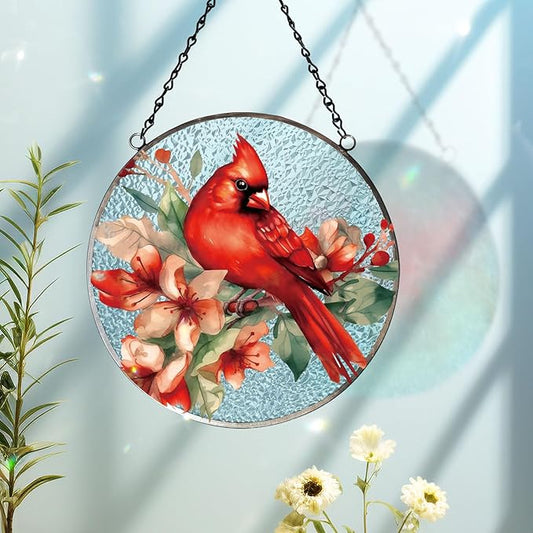FONMY Cardinal Glass Suncatcher Window Hanging Decor., Red Cardinal Xmas Gifts for Women, Mom, Bird Lover,Red Bird Suncatchers for Windows,Home & Garden, Hand Painted Glass Christmas Ornament,(6inch)