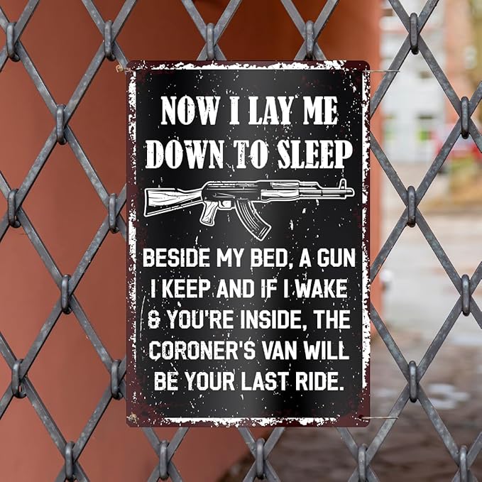 Funny Gun Sign for Home Security No Trespassing Private Property Metal Tin Sign for Wall Door Porch Yard Outdoor Vintage Decor 8" x 12"