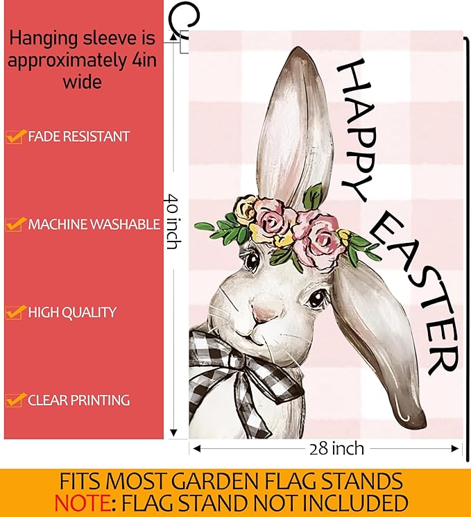 Happy Easter Bunny House Flag 28x40 Inch Double Sided, Easter Rabbit Large Garden Flags for Outside Decor, Spring Summer Holiday Yard Flag Outdoor Seasonal Decorations for Home