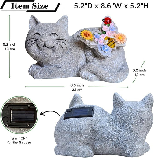 Solar Cat Garden Statue with LED Lights, Waterproof Resin Outdoor Cat Decor, Patio Lawn Yard Ornament, Unique Gifts for Women Mom