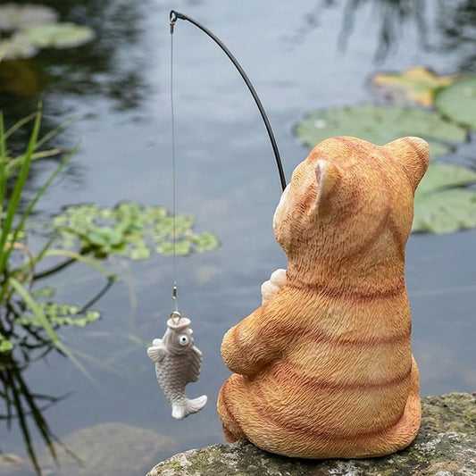 Elenon Fishing Cat Garden Statue, 9" Cat with Pole Decor for Koi Pond Waterfalls, Adorable Flower Bed Outdoor Yard Patio Art Decorative Sculptures Table Ornament