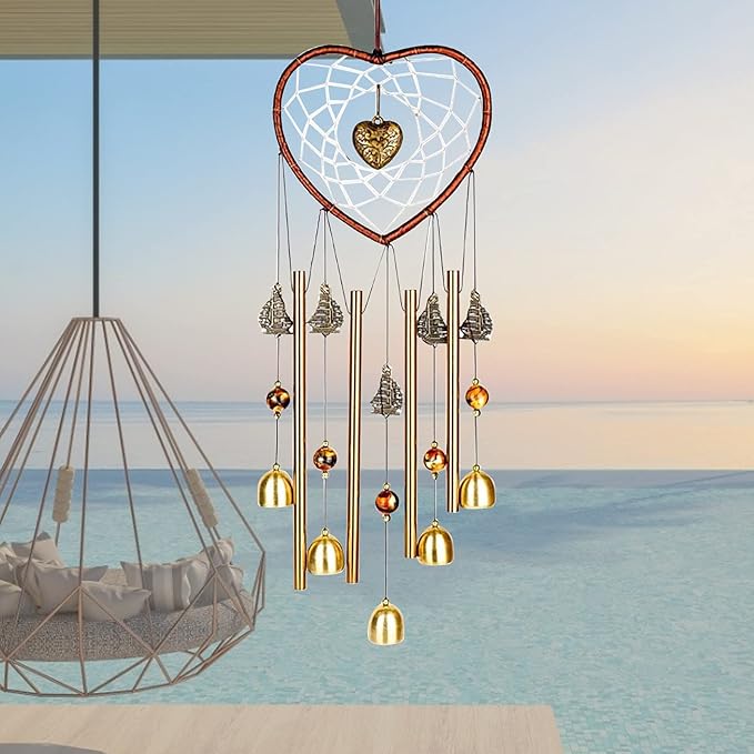 Bwinka Unique Sweet Heart Dream Catcher Wind Chimes Brass Bell for Outdoor Garden Home Hanging Decoration…