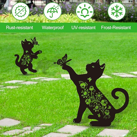 Cat Garden Stake Outdoor Set of 2 Metal Black Cat Yard Decor Lawn Ornament, Cute Cat Lover Gift for Women Men, Weather-Resistant Black Cat Silhouette Statues Yard Art for Patio