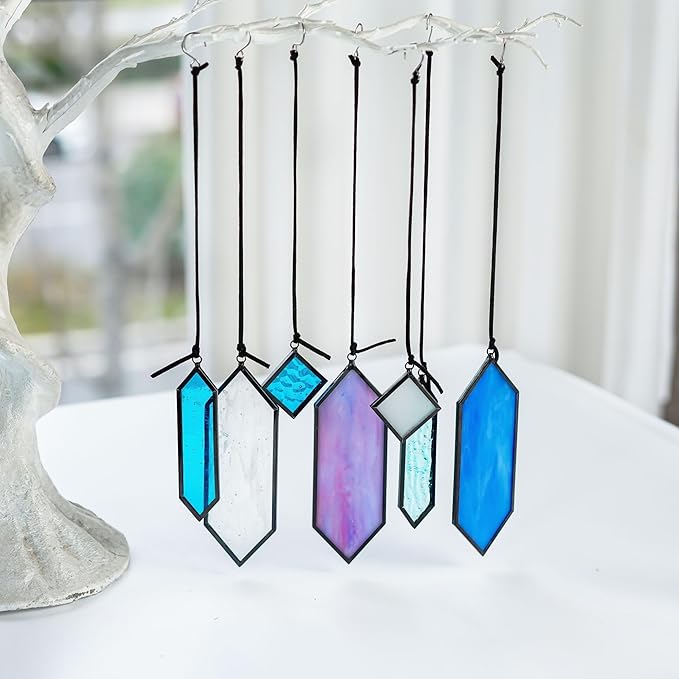 HDCRYSTALGIFTS Stained Glass Window Hanging Suncatchers - 7 Pieces Handcrafted Element Earth Tones Panel Set,Modern Blue Wall Art Sun Catchers Indoor Window Home Garden Decor