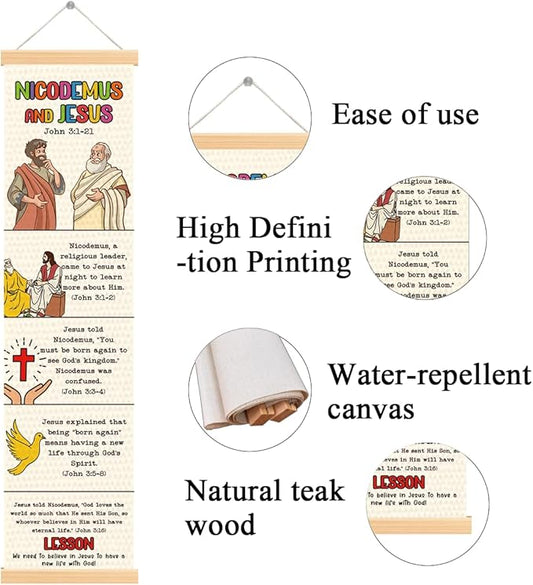 Religious Poster, Nicodemus and Jesus Poster, Bible Story Canvas Banner, Church Decoration for Wall, Church Activity Kids, Family Hanging of Scripture and Words Decorations 12