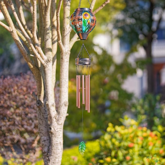 Solar Wind Chimes for Outside,Sunflower Hanging Wind Chime,LED Solar Lanterns Windchimes,Memorial Wind Chimes for Mom Women,Outdoor Wind Chime Deep Tone,Sunflower Windchime for Garden Yard