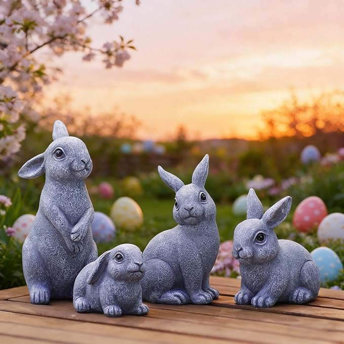 Nacome Bunny Statues for Outdoor Easter Decor: Outside Set of 4 Rabbit Fairy Garden Sculptures for Lawn Porch Patio Balcony Yard Ornaments - Gifts for Mom Grandma