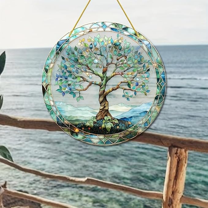 Stained Glass Window Hanging,Paint Tree of Life Suncatcher, Stained Glass Ornament, Suncatchers for Windows Hanging, Window Decor, Outdoor or Indoor, Gifts for Women, Bestie, Friends