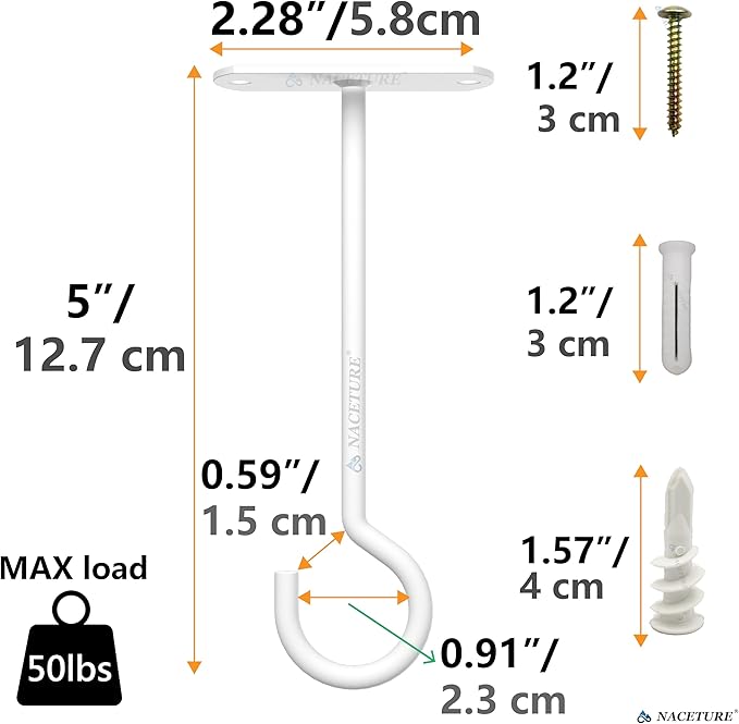 NACETURE Ceiling Hooks Heavy Duty 2 Pack - Plant Hooks for Ceiling Hanging Hook for Hanging Basket Hook, Light, Bird Feeders, Wind Chimes Dรฉcor Indoor & Outdoor (White, 5 Inch 4 Pack)