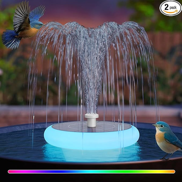 2 Pack Solar Fountain for Bird Bath with RGB LED Lights and 6 Nozzle, 3W Solar Powered Water Pump for Pond Pool Patio and Garden Aquarium Outdoor