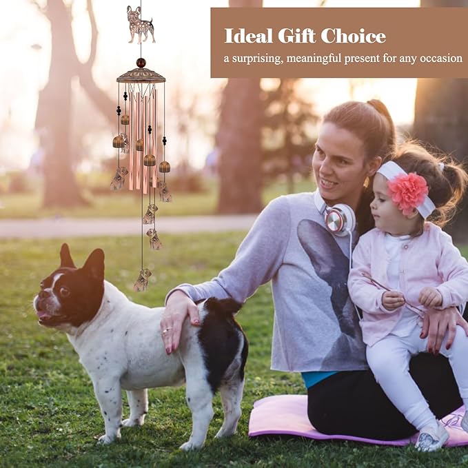 36" French Bulldog Wind Chimes for Outside - Rustic Copper Frenchie Dog Silhouette Decor with 6 Handcrafted Pendants - Sympathy Dog Memorial Windchime - Unique Gift for Frenchie Lovers & Pet Owners