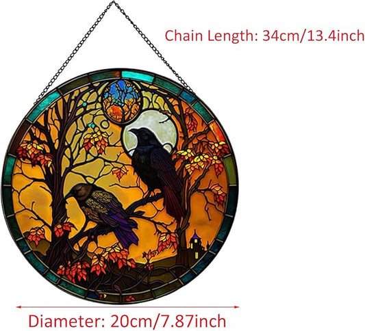 Crow Pattern Suncatcher Stained Glass,Hanging Stained Glass for Windows for Bird Lovers,20cm/7.87inch Sun Catcher Garden Hangings Ornaments Halloween Fall Christmas Decor for Home
