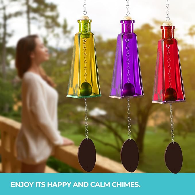 Blue Ridge Mountain Gifts Pyramid Bottle Wind Chime for Garden & Porch Decor w/Cooper Accent, Stained Wooden Ball, & Colorful Glass Bottles - Ideal for Wind Chime Lovers (Orange)