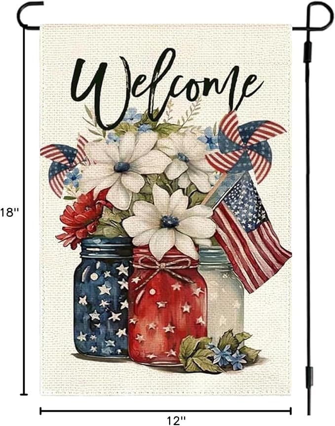 1Pcs 4th of July Garden Flag, Summer Small Yard Flags for Outside, Independence Day Garden Flags 12x18 Vertical Double Sided, Patriotic Mason Jar Flowers Garden Flags for 4th of July Outside Decoration