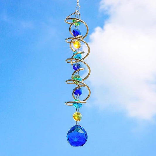 H&D HYALINE & DORA Gazing Ball Spiral Tail Wind Spinner Spiral Blue Crystal Ball with Hook Sun Catcher Rainbow Maker Hanging Decor for Yard Garden Rotating Art 20.5 "