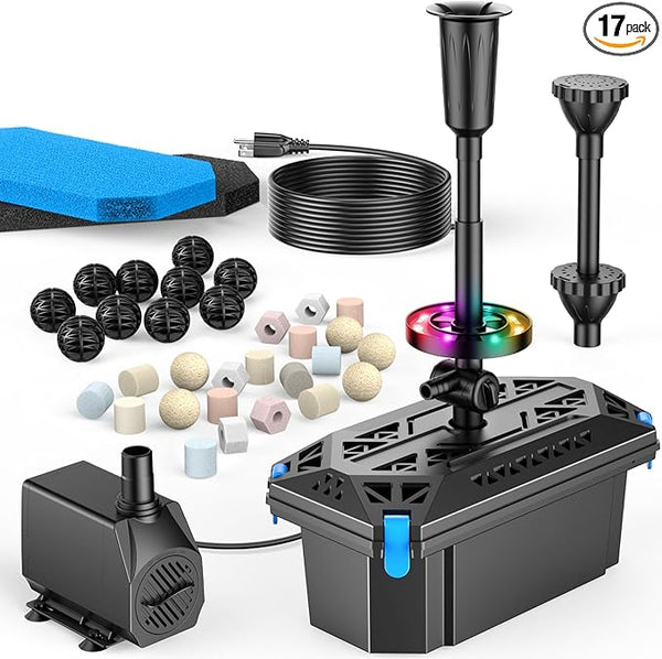 Antfraer Pond Filter with LED Lights, RGB Pond Filter with 660GPH Pump Fountain Kit, Filter Box with RGB Auto-Cycle LED Lights & 3 Spray Modes for Outdoor Ponds Clean Clear and Build Water Features