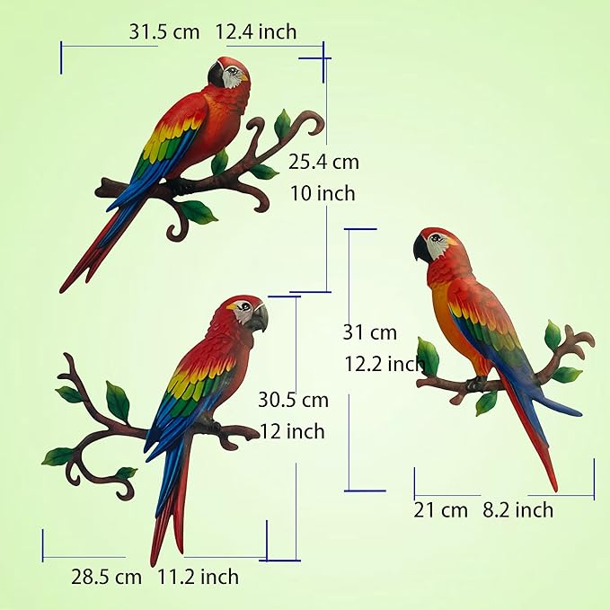 Limygus Metal Parrot Wall Art Decor, 3 Pack Colorful Tropical Bird Decorations, Hanging Outdoor Fence Artwork for Garden Yard Living Room Bedroom Balcony