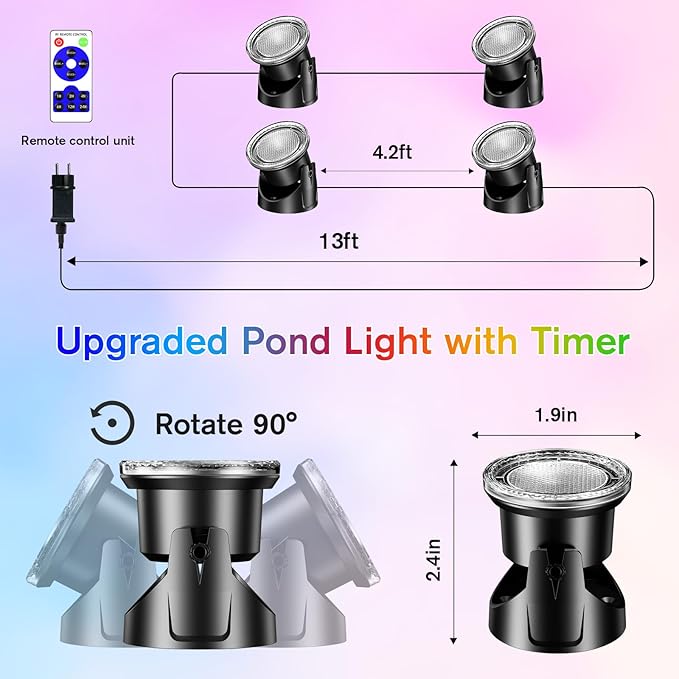 POPOSOAP RGB Underwater Pond Lights, IP68 Waterproof LED Pond Lights with Remote, Timer & Memory Function Fountain Lights for Pond Fountain Waterfall Aquarium Swimming Pool Outdoor Decoration 4-Head