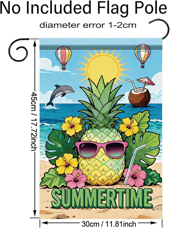 Summertime Pineapple Garden Flag Tropical Beach Sunglasses Outdoor Yard Porch Lawn Garden Decor for Summer Coastal Ocean Patio Pool Party Seasonal Home Display