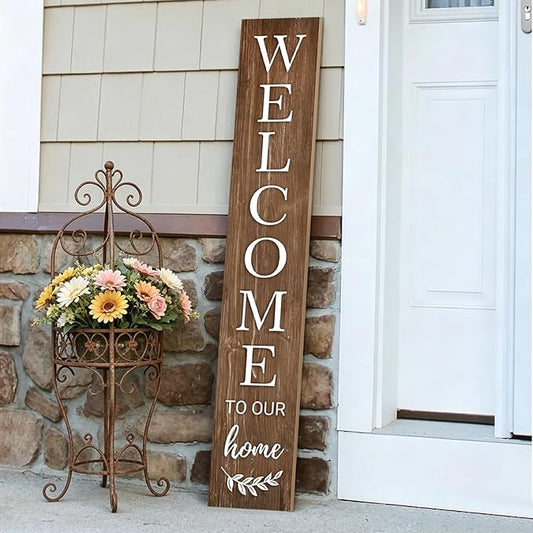 Summer Welcome Sign for Front Door, 47'' Brown Wooden Porch Sign Large Warm Greeting Door Sign Farmhouse Vertical Porch Sign Rustic Standing Welcome Yard Signs for Patio Outdoor Indoor Garden