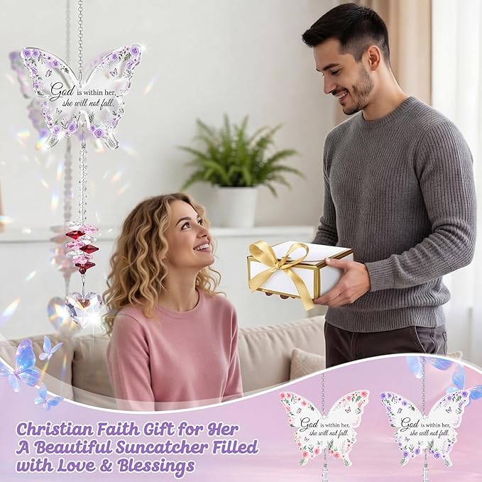 Didaey 2 Pcs Christian Crystal Butterfly Suncatchers Inspirational Religious Gifts for Women Pink Purple Windows Car Hanging Ornament with Greeting Card and Gift Box for Mom Friend Mother's Day