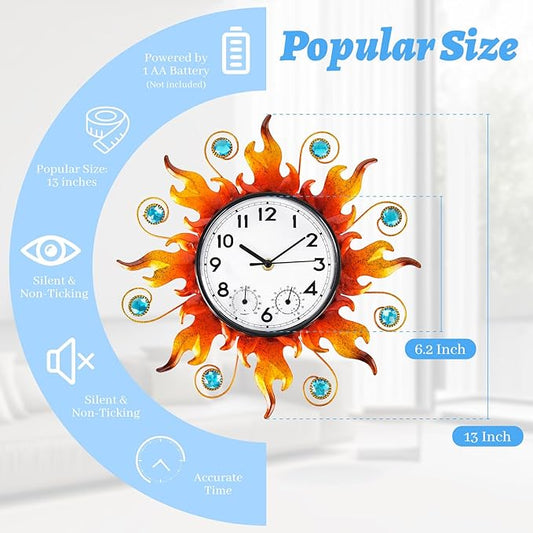 Sun Outdoor Clock with Thermometer and Hygrometer Combo,13'' Wall-Mounted Outdoor Clocks Waterproof Silent No-Ticking for Home, Office, Bedroom, Living Room, Kitchen, Bathroom, Outdoor use