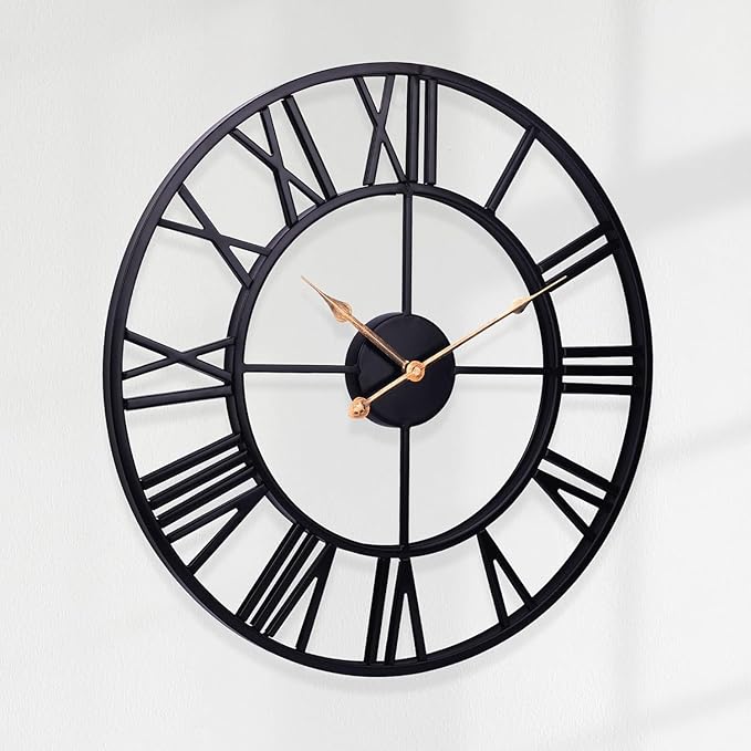 Outdoor Clocks for Patio – 18 in Large Farmhouse Black Metal Outdoor Wall Clock Silent Battery Operated – Vintage Industrial Retro Skeleton Outside Clock for Pool Area, Garden, Backyard, Porch
