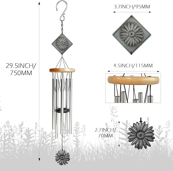 Daisy Wind Chime for Outside,29 "Memorial Outdoor Wind Chimes Sunflower Gifts for Women/Mother/Father/Christmas,Unique Windchimes Outdoors Daisy Garden Patio Home Yard Decor (Silver)