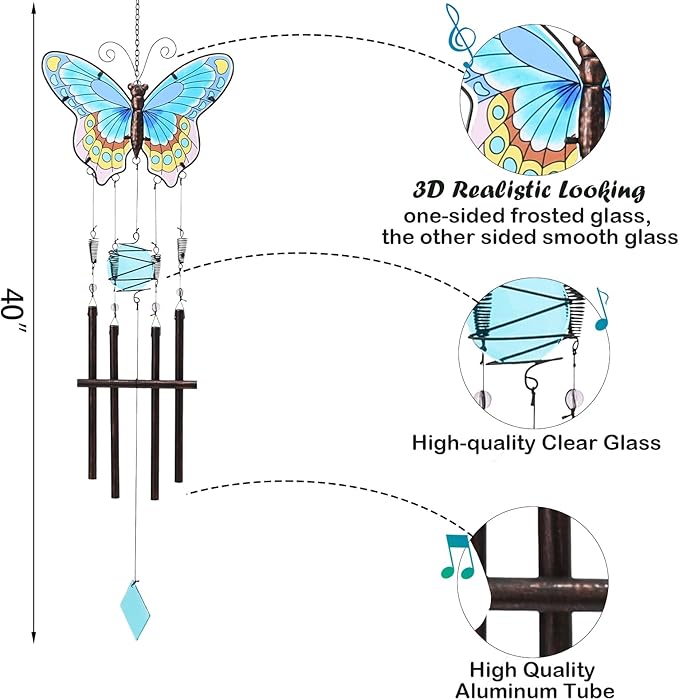 Taman Wind Chimes, 40" Butterfly Glass Wind Chime Colourful Wings Decorative Valentine's Day Gift Memorial Sympathy Gift Mom for Home, Outdoor, Yard, Patio,Garden Decor
