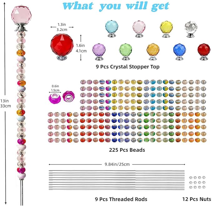 255Pcs Fairy Wand Garden Stake Beads Kits with 225 Large Hole Beads, 12IN Beaded Garden Stakes Kit for Different Holidays, Fairy Garden Accessories Outdoor Kit, Beadable Items (Crystal Ball)
